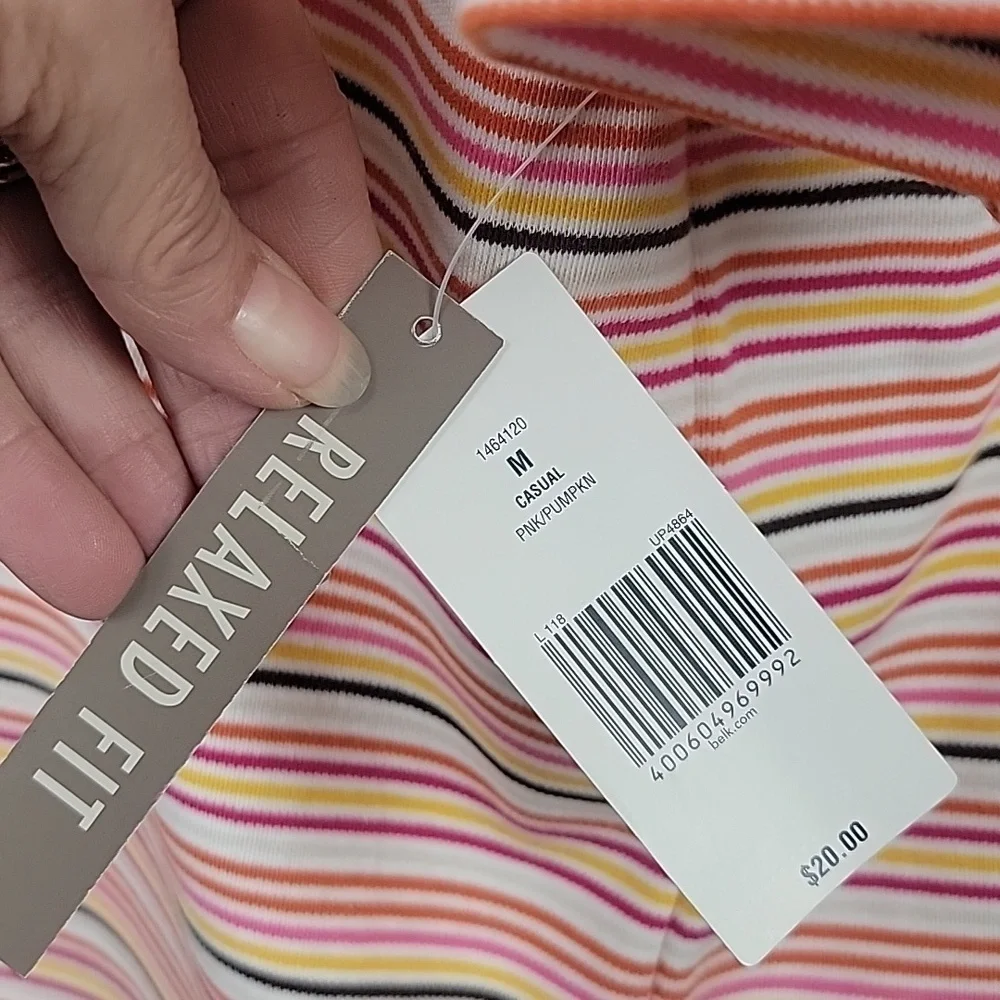 Kim Rogers Size M Multi Color Stripe V Neck Short Sleeve T Shirt, NEW with Tags